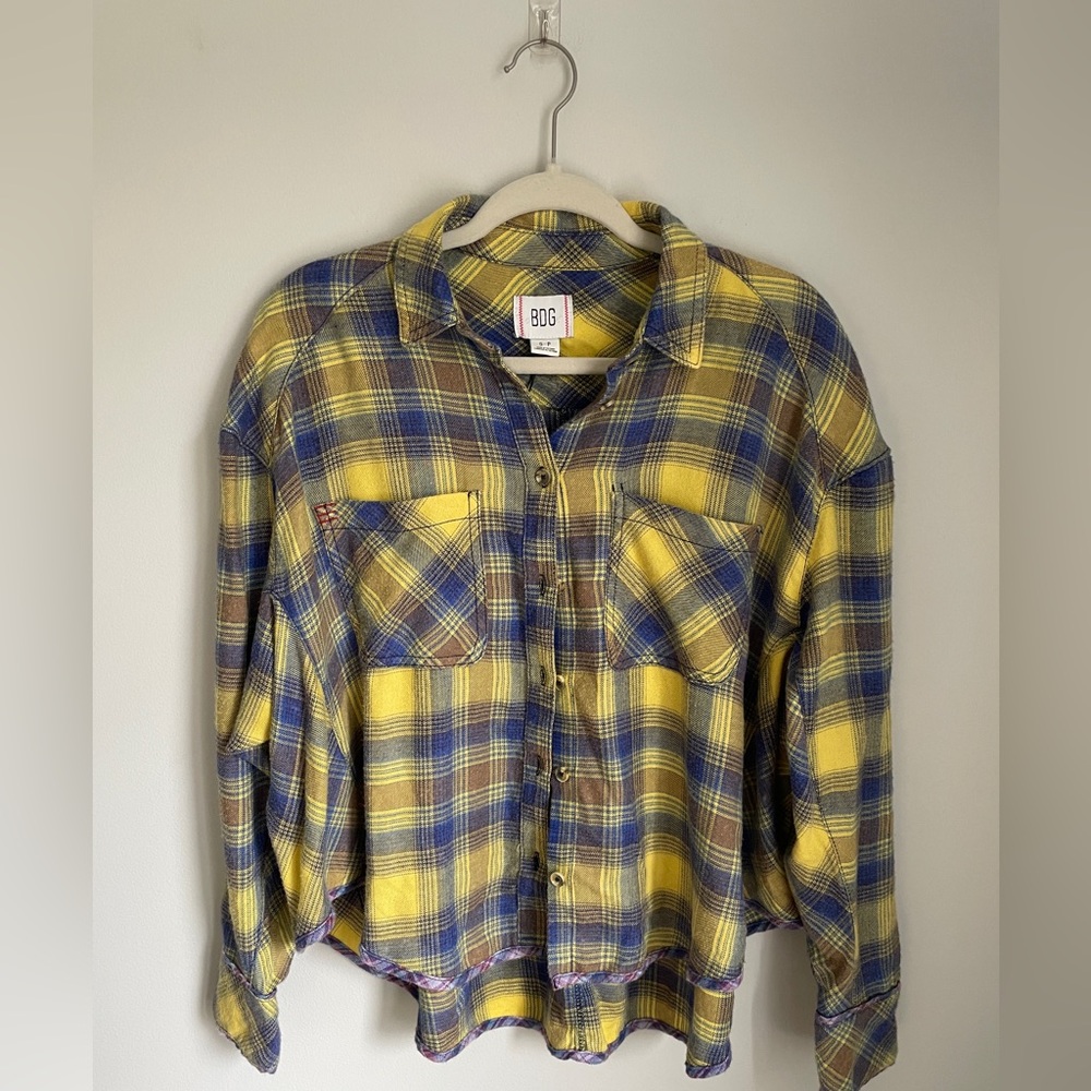 BDG Urban Outfitters Karl Slouchy Flannel Button-Down Yellow Blue Small NWT